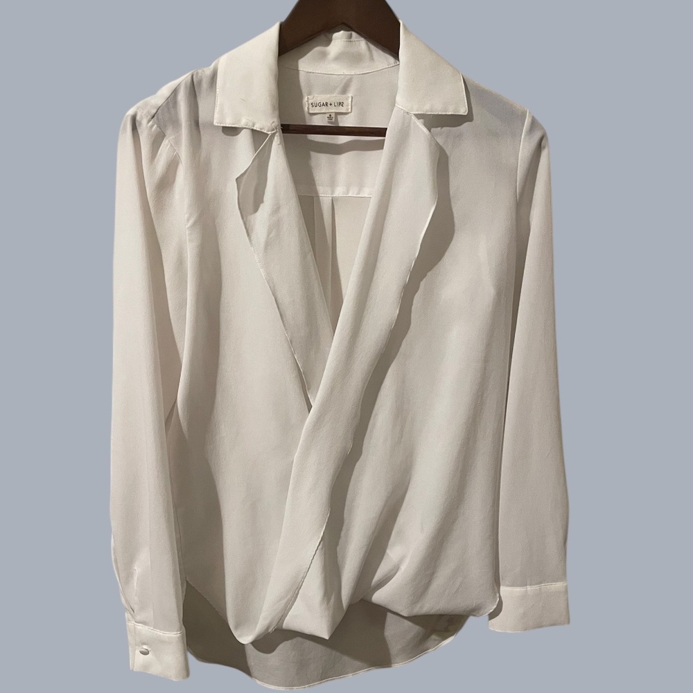 SugarLips Sheer White Long Sleeve Button Down Draped Top Blouse Collared Small